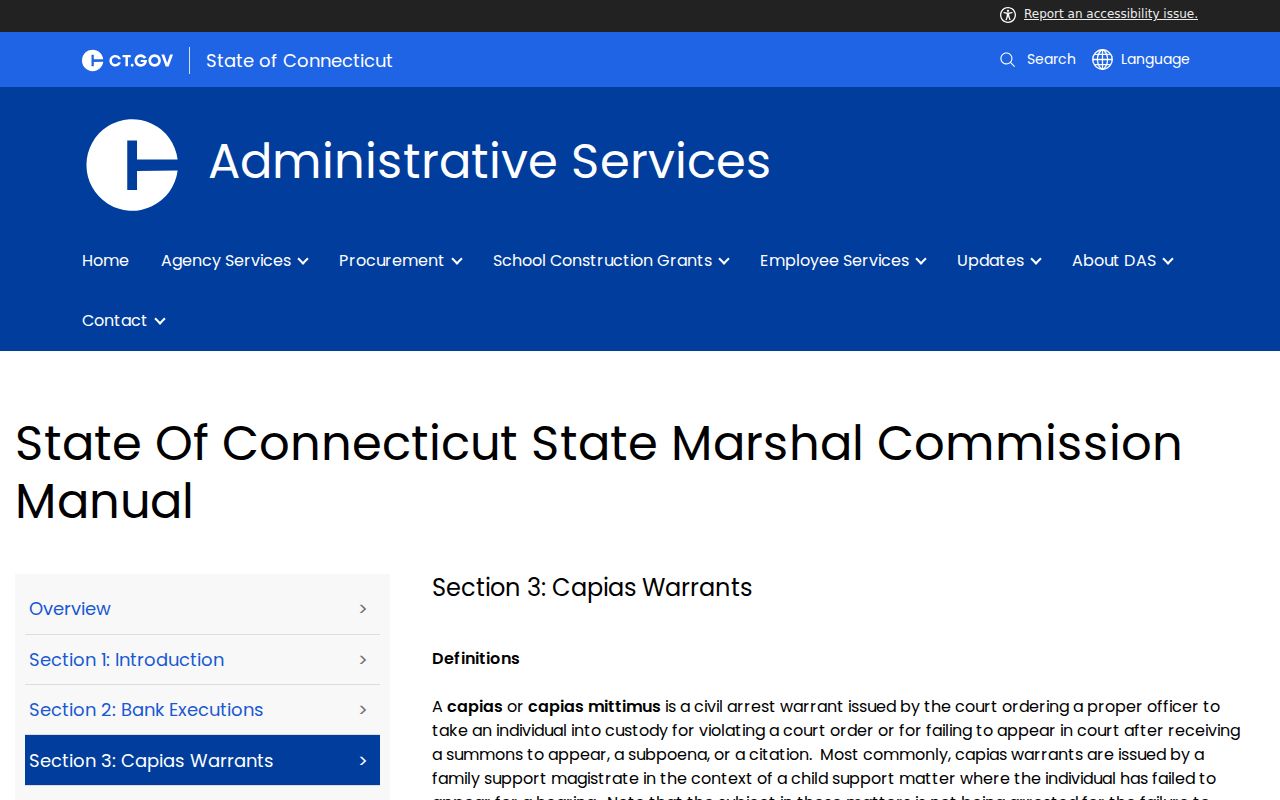 Connecticut State Marshal Commission capias service guidance for New Haven warrant records