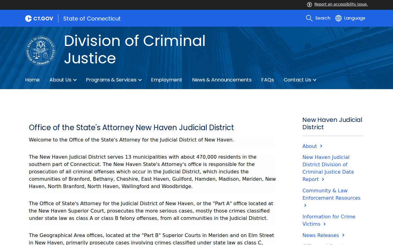 New Haven Judicial District office context for city court warrant records