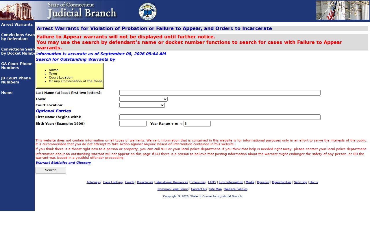New Haven warrant check on the public VOP and FTA search